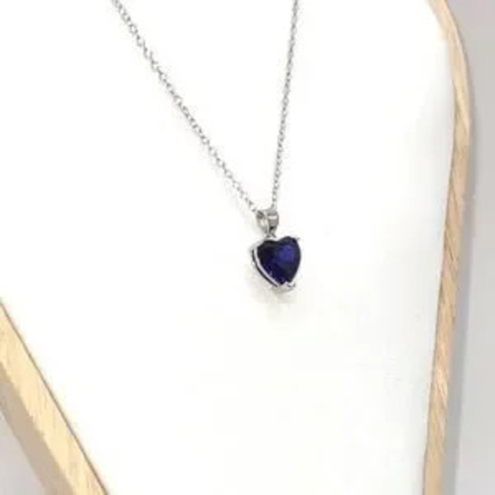 925 Sterling Silver Necklace w/ Blue Zirconia Heart Valentine Gemstones Gift New